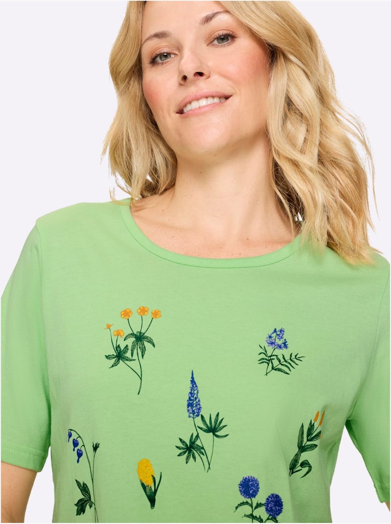 T-shirt à manches courtes avec encolure ronde et motif floral - Taille standard - Moda Vilona Gris Vert clair - Kiabi