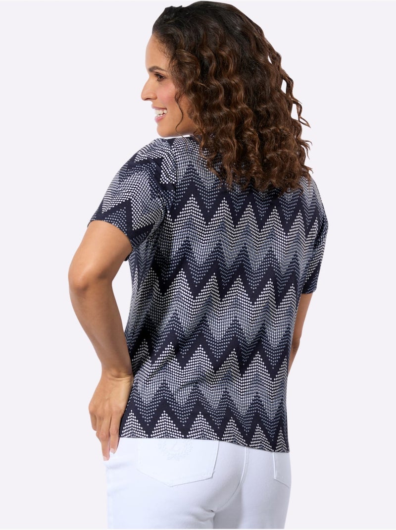 T-shirt à manches courtes avec encolure ronde et motif zigzag - Taille standard - Witt Blanc Bleu marine - Kiabi