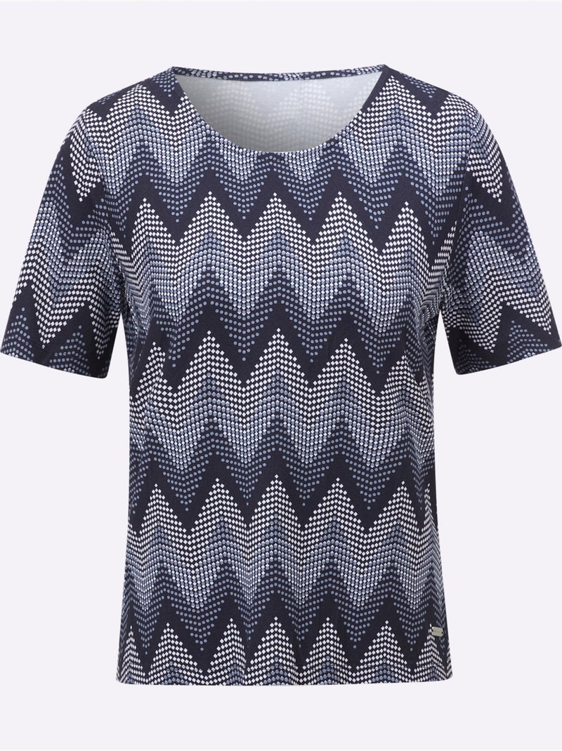 T-shirt à manches courtes avec encolure ronde et motif zigzag - Taille standard - Witt Blanc Bleu marine - Kiabi