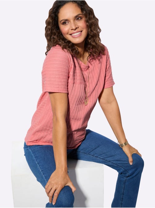 T-shirt à manches courtes avec encolure ronde et rayures structurées - Taille standard - Witt - Kiabi
