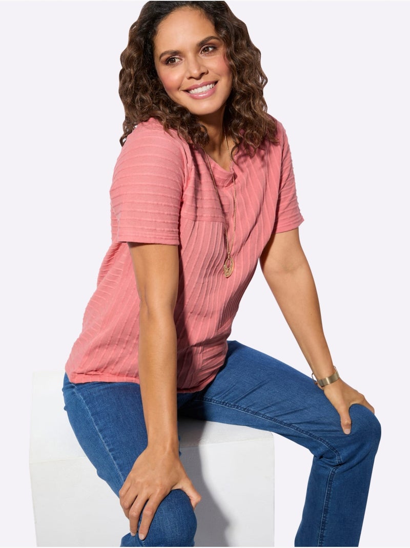 T-shirt à manches courtes avec encolure ronde et rayures structurées - Taille standard - Witt Rose - Kiabi