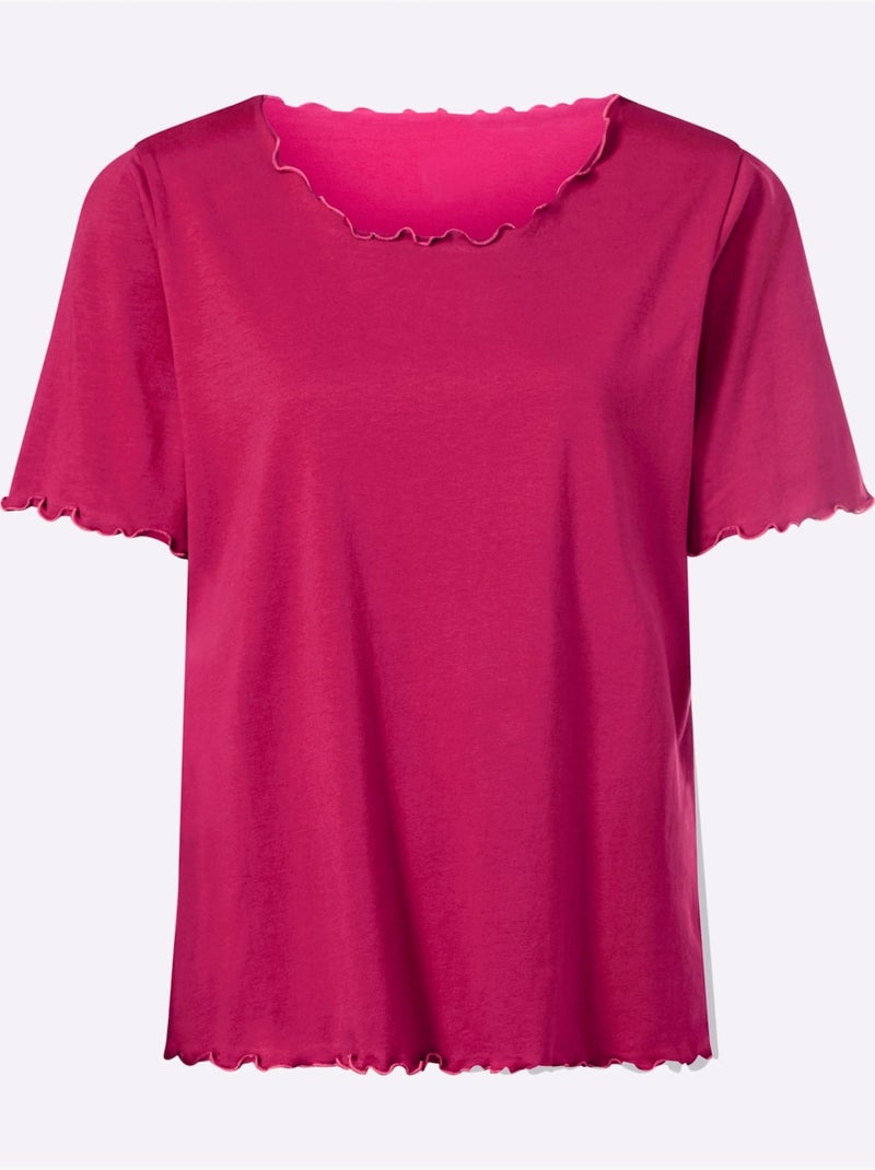 T-shirt à manches courtes avec finitions ondulées et col rond - Taille standard - Moda Vilona Rose fushia - Kiabi