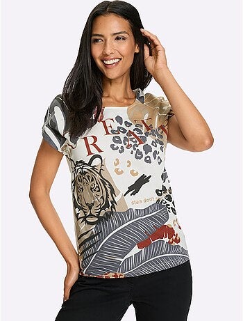 T-shirt à manches courtes avec imprimé animé et motifs feuilles - Taille standard - Moda Vilona