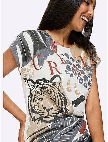 T-shirt à manches courtes avec imprimé animé et motifs feuilles - Taille standard - Moda Vilona