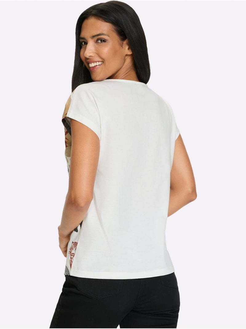 T-shirt à manches courtes avec imprimé animé et motifs feuilles - Taille standard - Moda Vilona Gris Ecru - Kiabi