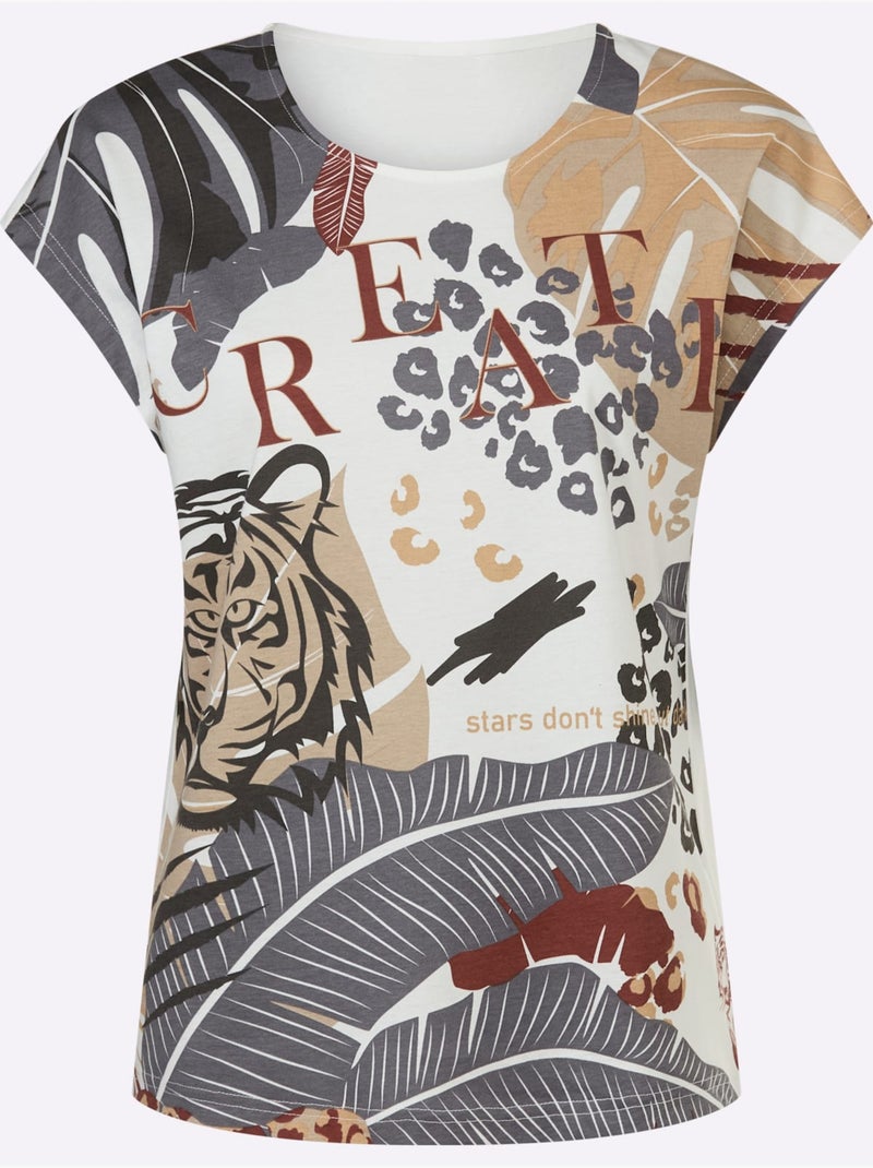 T-shirt à manches courtes avec imprimé animé et motifs feuilles - Taille standard - Moda Vilona Gris Ecru - Kiabi