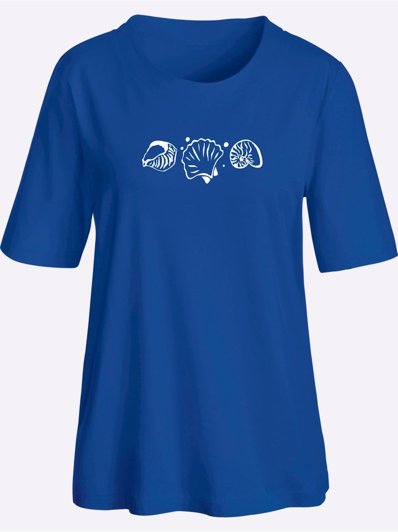 T-shirt à manches courtes avec imprimé coquillages et fentes latérales - Taille standard - Witt Bleu roi - Kiabi