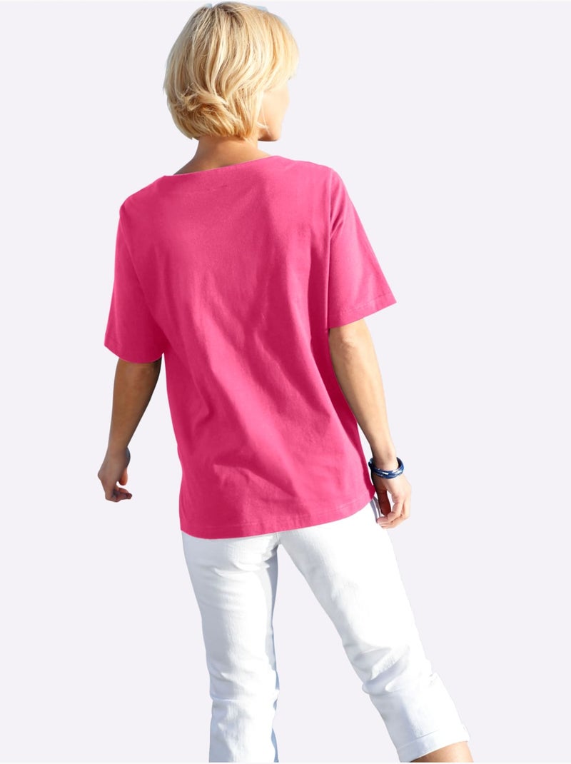 T-shirt à manches courtes avec imprimé coquillages et fentes latérales - Taille standard - Witt Framboise - Kiabi