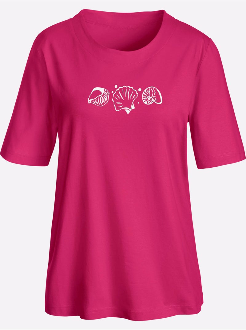 T-shirt à manches courtes avec imprimé coquillages et fentes latérales - Taille standard - Witt Framboise - Kiabi