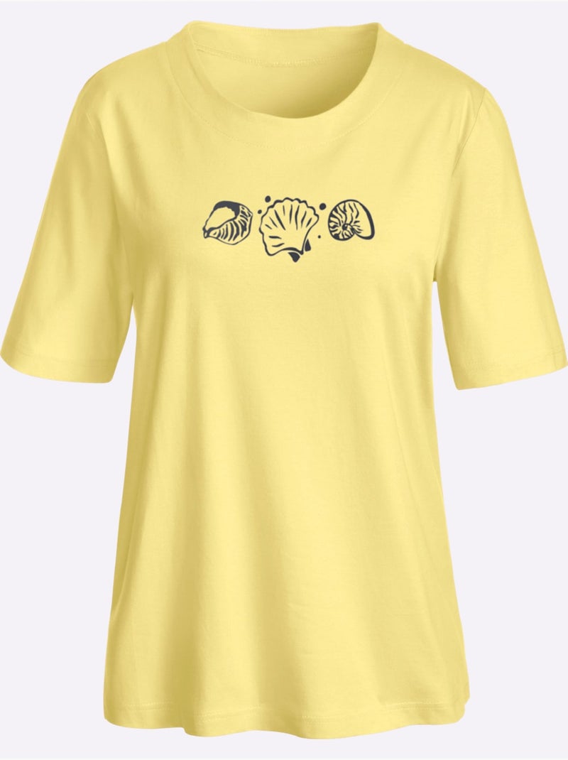 T-shirt à manches courtes avec imprimé coquillages et fentes latérales - Taille standard - Witt Jaune citron - Kiabi