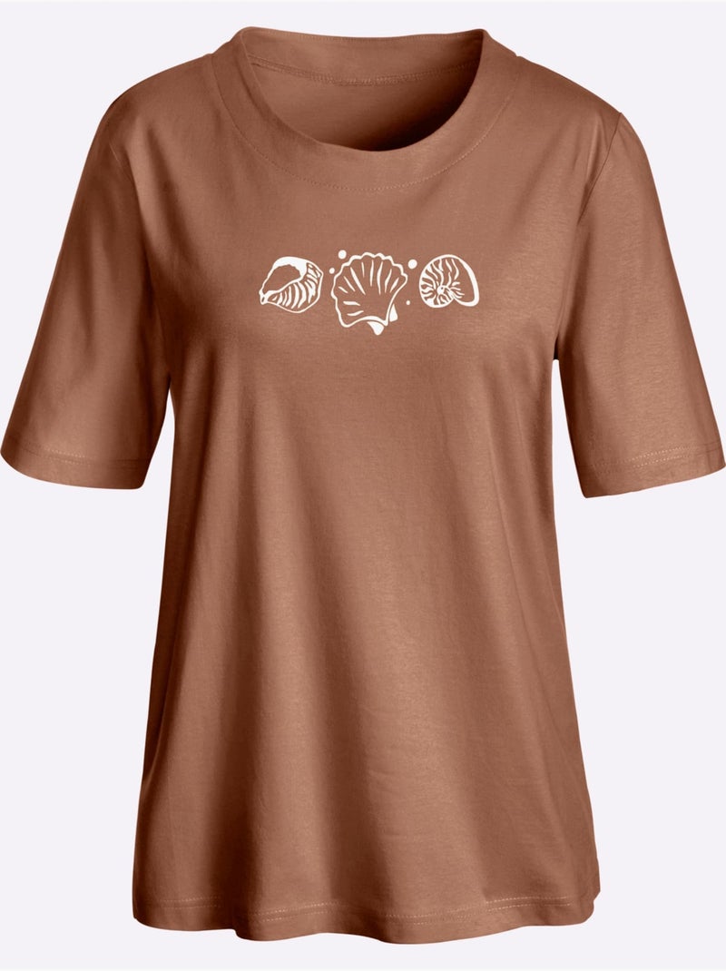 T-shirt à manches courtes avec imprimé coquillages et fentes latérales - Taille standard - Witt Marron - Kiabi