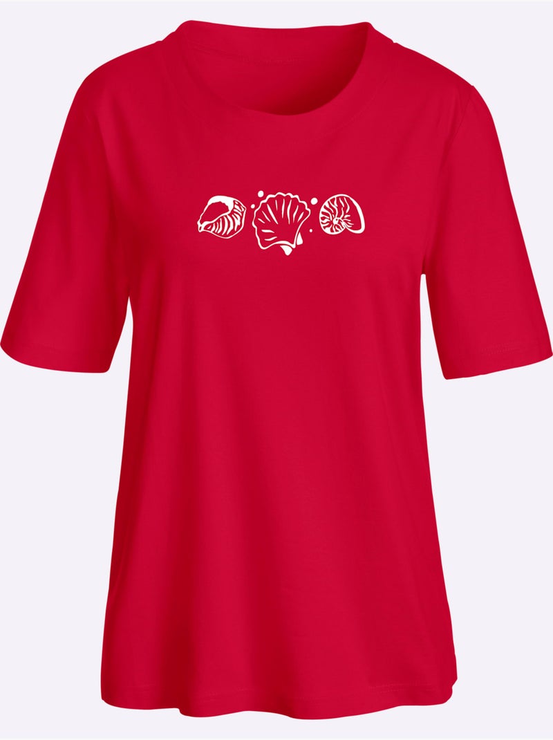 T-shirt à manches courtes avec imprimé coquillages et fentes latérales - Taille standard - Witt Rouge - Kiabi