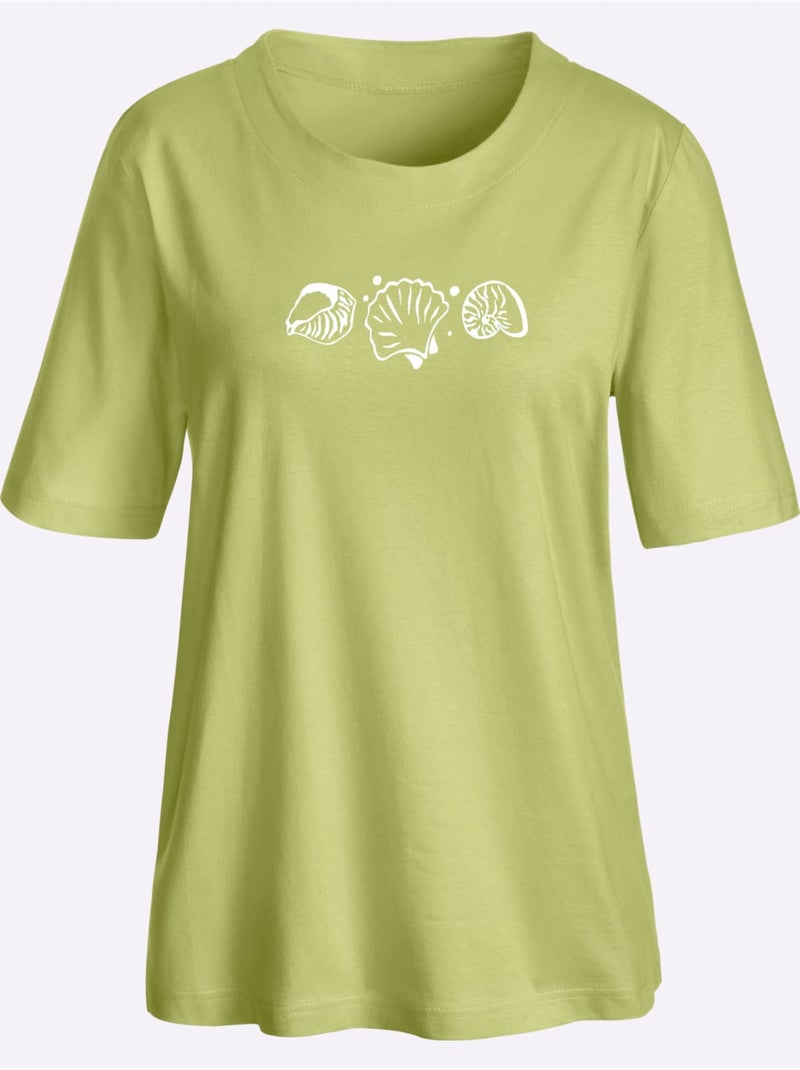 T-shirt à manches courtes avec imprimé coquillages et fentes latérales - Taille standard - Witt Vert pistache - Kiabi