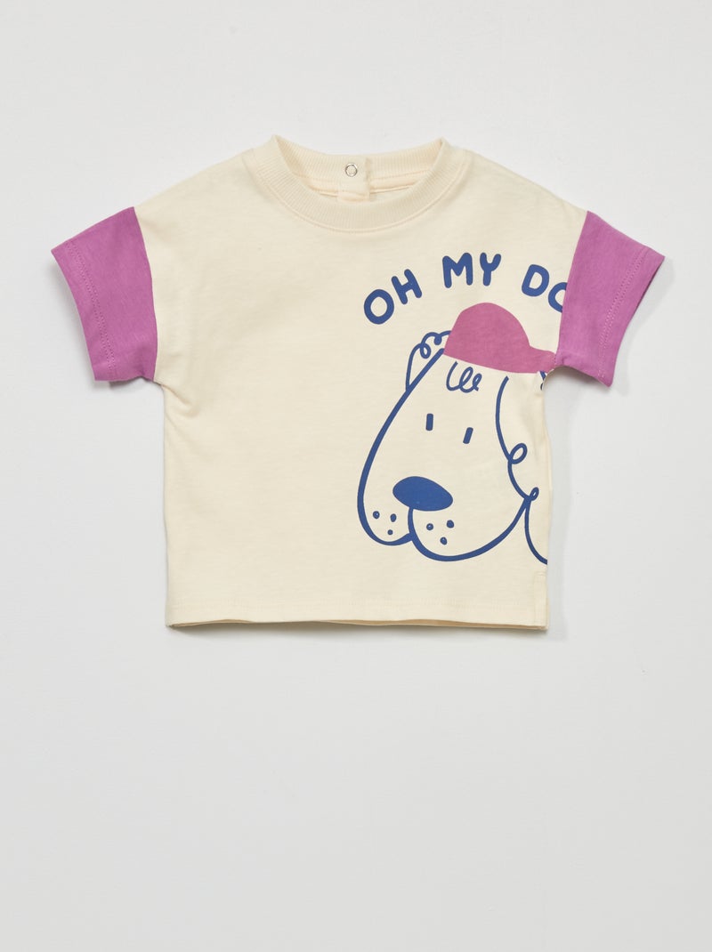 T-shirt à manches courtes avec imprimé Ecru/violet - Kiabi