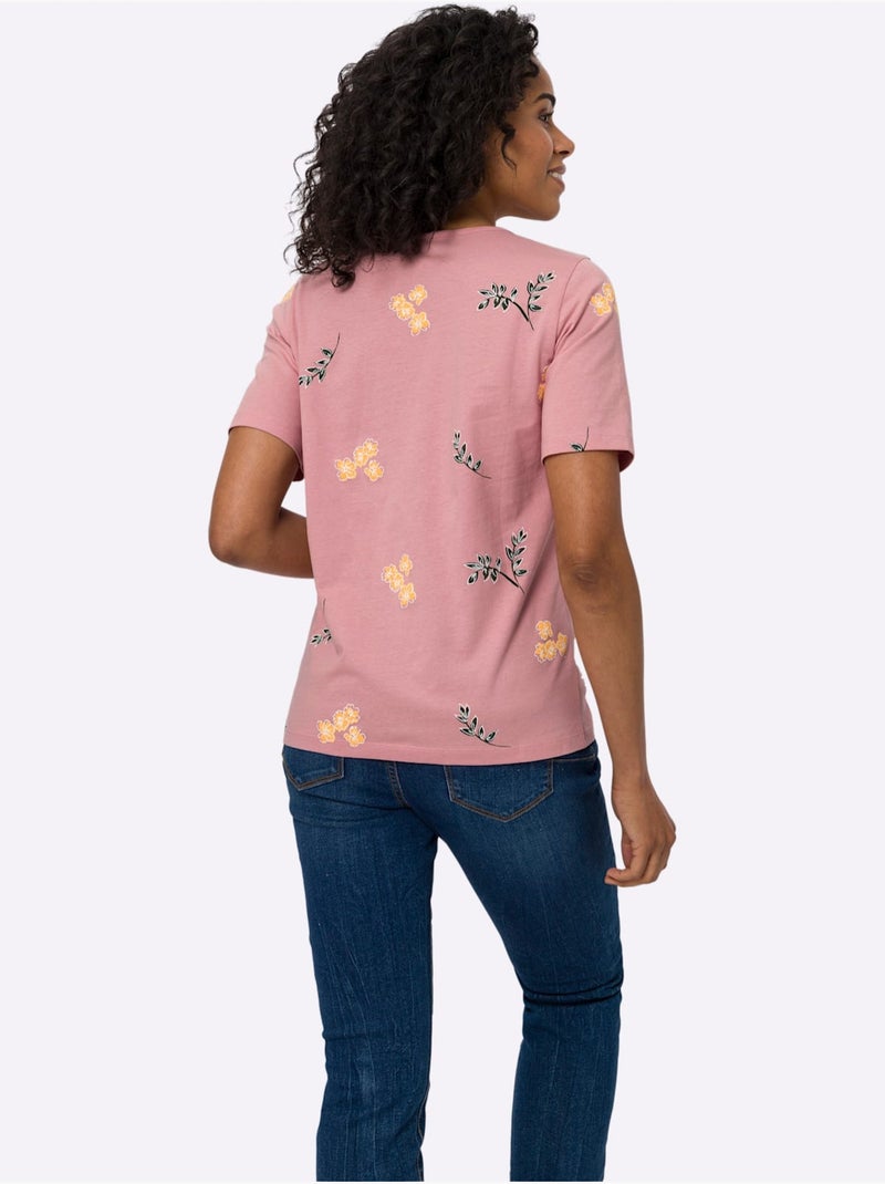 T-shirt à manches courtes avec imprimé floral et feuillage - Taille standard - Moda Vilona Blanc Rose - Kiabi