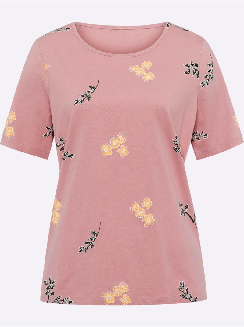 T-shirt à manches courtes avec imprimé floral et feuillage - Taille standard - Moda Vilona Blanc Rose - Kiabi