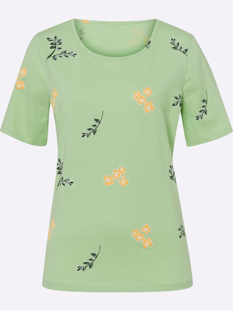 T-shirt à manches courtes avec imprimé floral et feuillage - Taille standard - Moda Vilona Blanc Vert - Kiabi