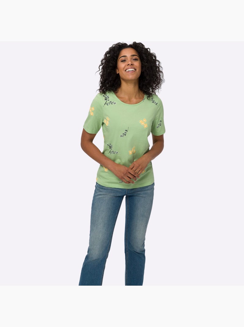 T-shirt à manches courtes avec imprimé floral et feuillage - Taille standard - Moda Vilona Blanc Vert - Kiabi
