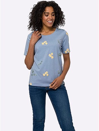 T-shirt à manches courtes avec imprimé floral et feuillage - taille standard - moda vilona