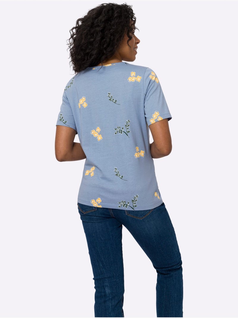 T-shirt à manches courtes avec imprimé floral et feuillage - Taille standard - Moda Vilona Bleu Blanc - Kiabi