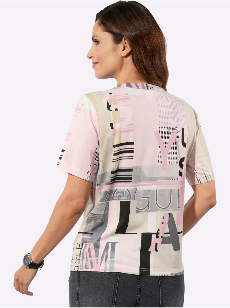 T shirt à manches courtes avec imprimé graphique et lettrage - taille standard - witt Blanc / Rose / Beige - Kiabi