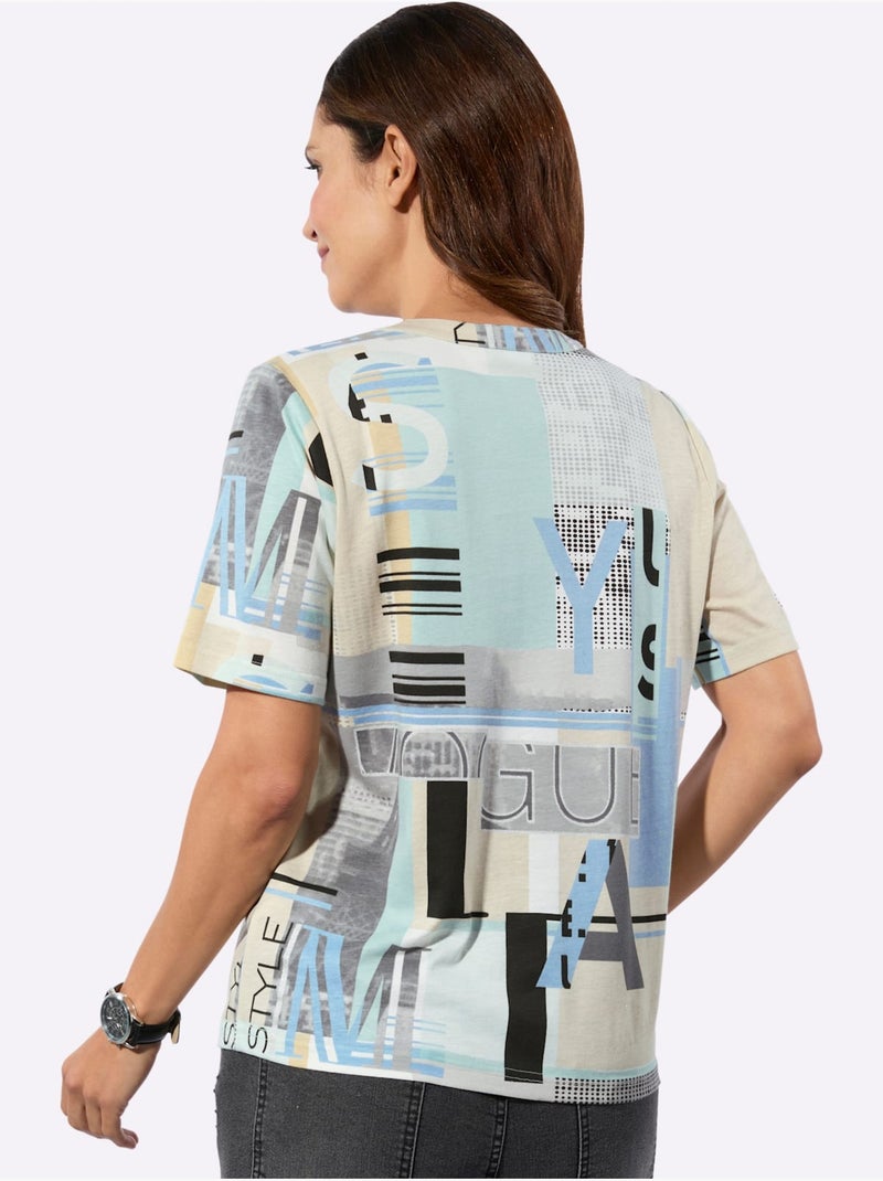 T shirt à manches courtes avec imprimé graphique et lettrage - taille standard - witt Bleu Beige - Kiabi