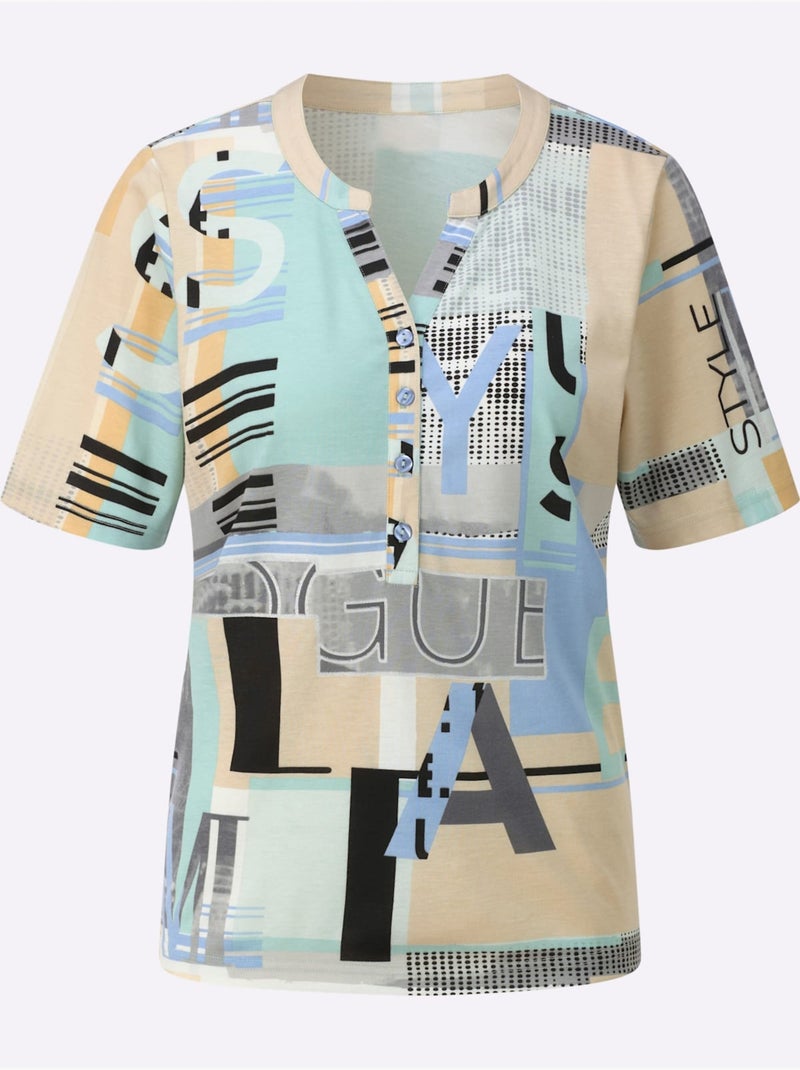 T shirt à manches courtes avec imprimé graphique et lettrage - taille standard - witt Bleu Beige - Kiabi