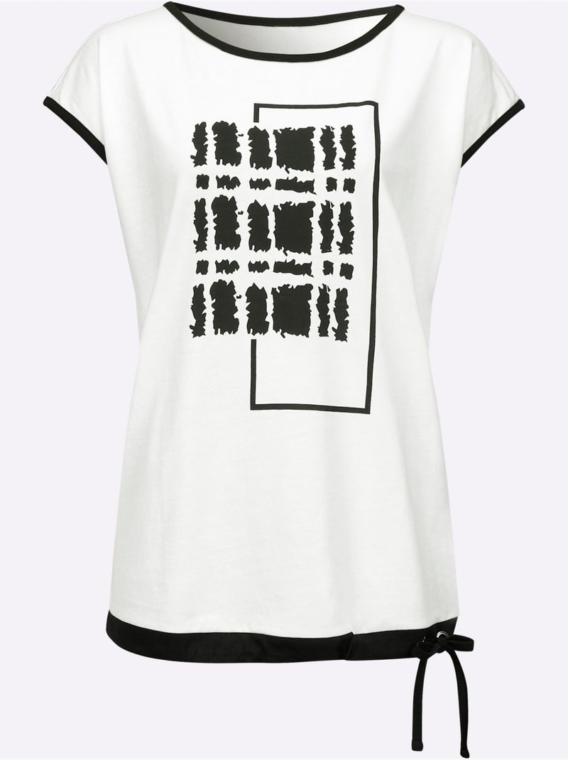 T-shirt à manches courtes avec imprimé graphique et lien à nouer - Taille standard - Moda Vilona Noir Ecru - Kiabi