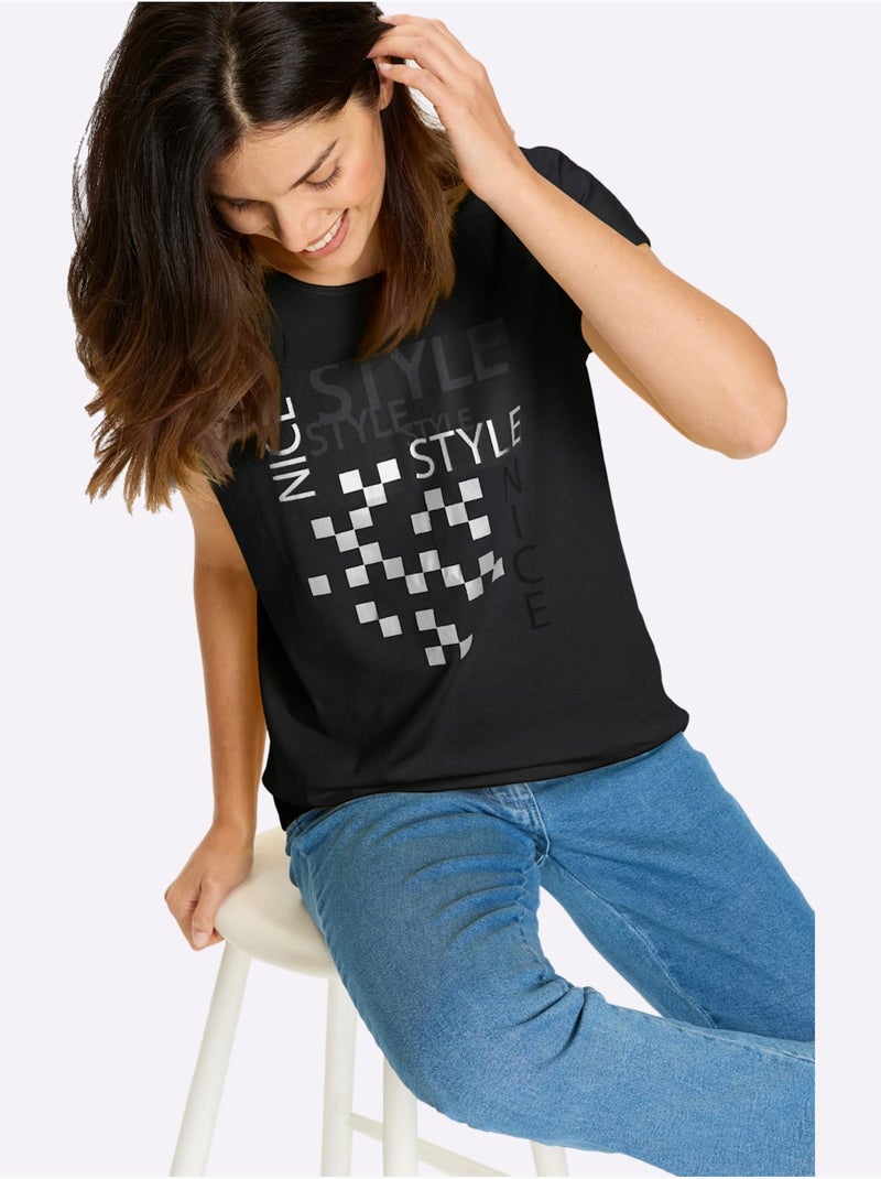 T-shirt à manches courtes avec imprimé graphique et mancherons - Taille standard - Moda Vilona Noir - Kiabi