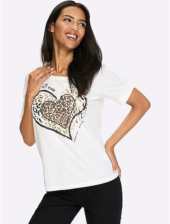 T-shirt à manches courtes avec imprimé cœurs et motifs léopard - Taille standard - Moda Vilona