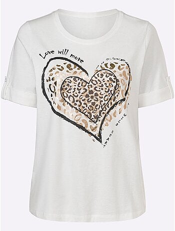 T-shirt à manches courtes avec imprimé cœurs et motifs léopard - Taille standard - Moda Vilona
