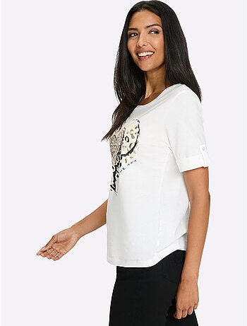 T-shirt à manches courtes avec imprimé cœurs et motifs léopard - Taille standard - Moda Vilona