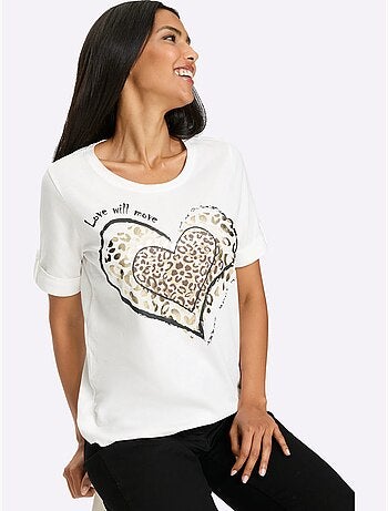 T-shirt à manches courtes avec imprimé cœurs et motifs léopard - Taille standard - Moda Vilona