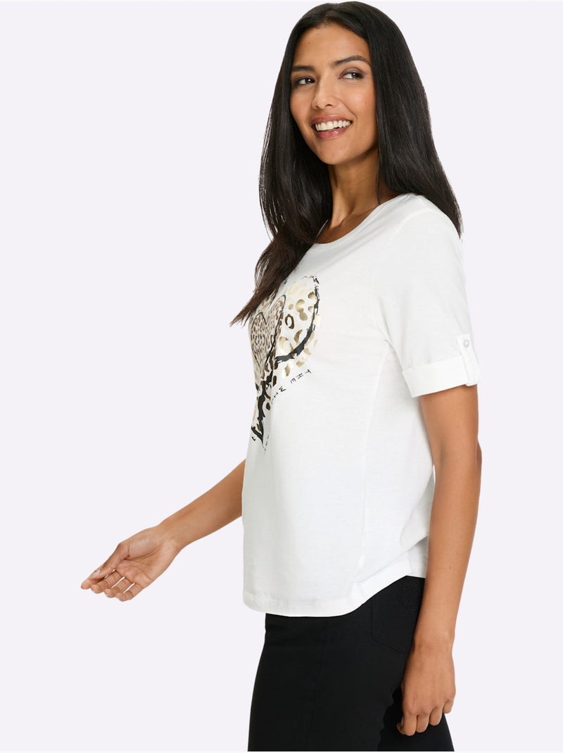 T-shirt à manches courtes avec imprimé léopard et cœurs - Taille standard - Moda Vilona Ecru - Kiabi