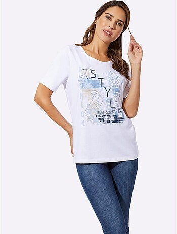 T-shirt à manches courtes avec imprimé lettering et paillettes - Taille standard - Moda Vilona