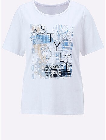 T-shirt à manches courtes avec imprimé lettering et paillettes - Taille standard - Moda Vilona