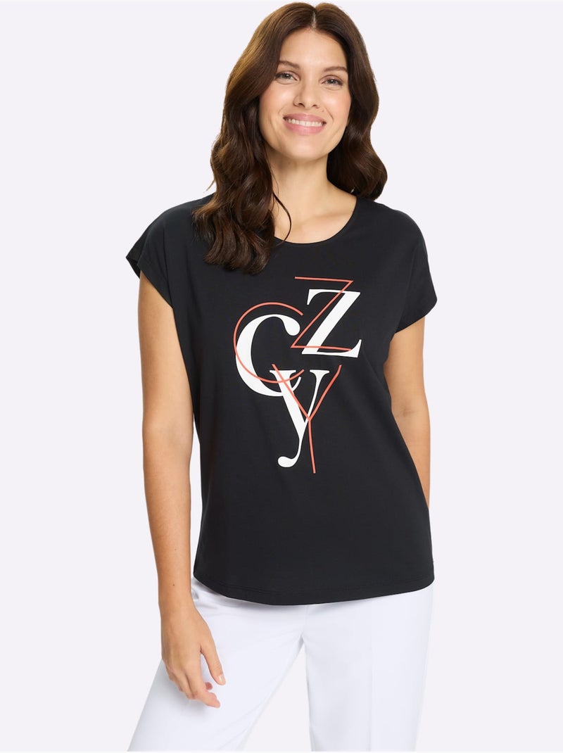 T-shirt à manches courtes avec imprimé lettrage encolure ronde - Taille standard - Moda Vilona Noir Blanc - Kiabi
