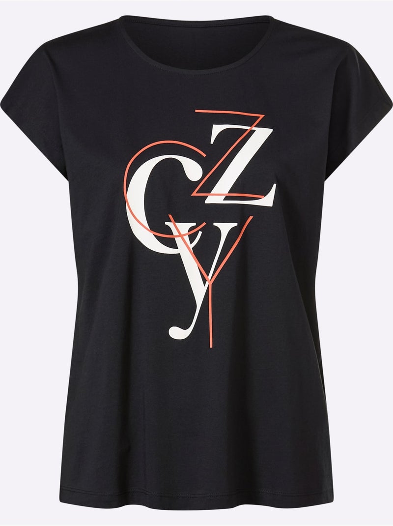 T-shirt à manches courtes avec imprimé lettrage encolure ronde - Taille standard - Moda Vilona Noir Blanc - Kiabi
