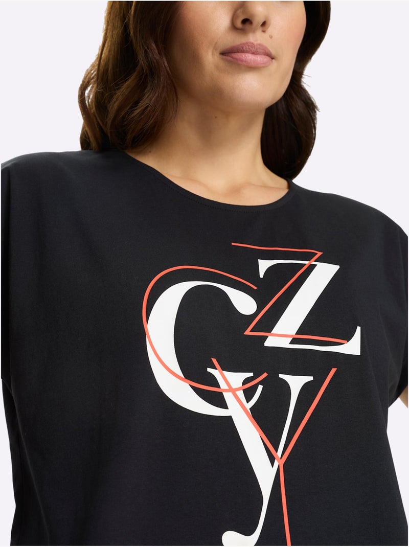 T-shirt à manches courtes avec imprimé lettrage encolure ronde - Taille standard - Moda Vilona Noir Blanc - Kiabi