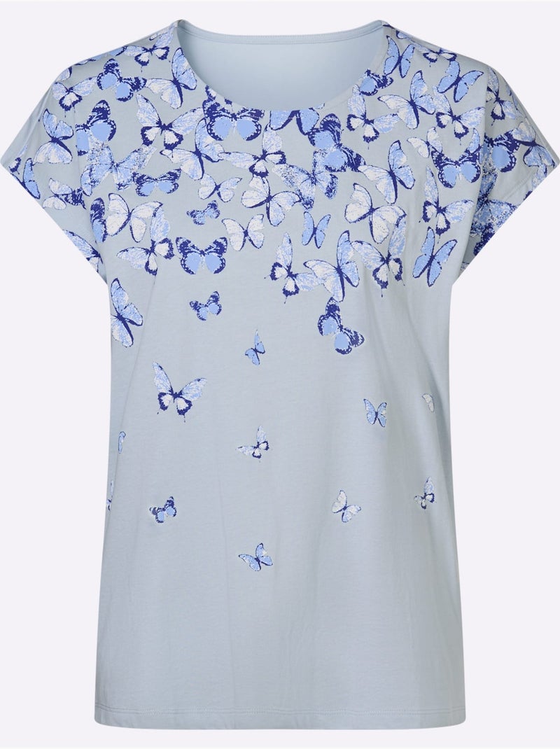 T-shirt à manches courtes avec imprimé papillon et encolure ronde - Taille standard - Moda Vilona Bleu clair - Kiabi