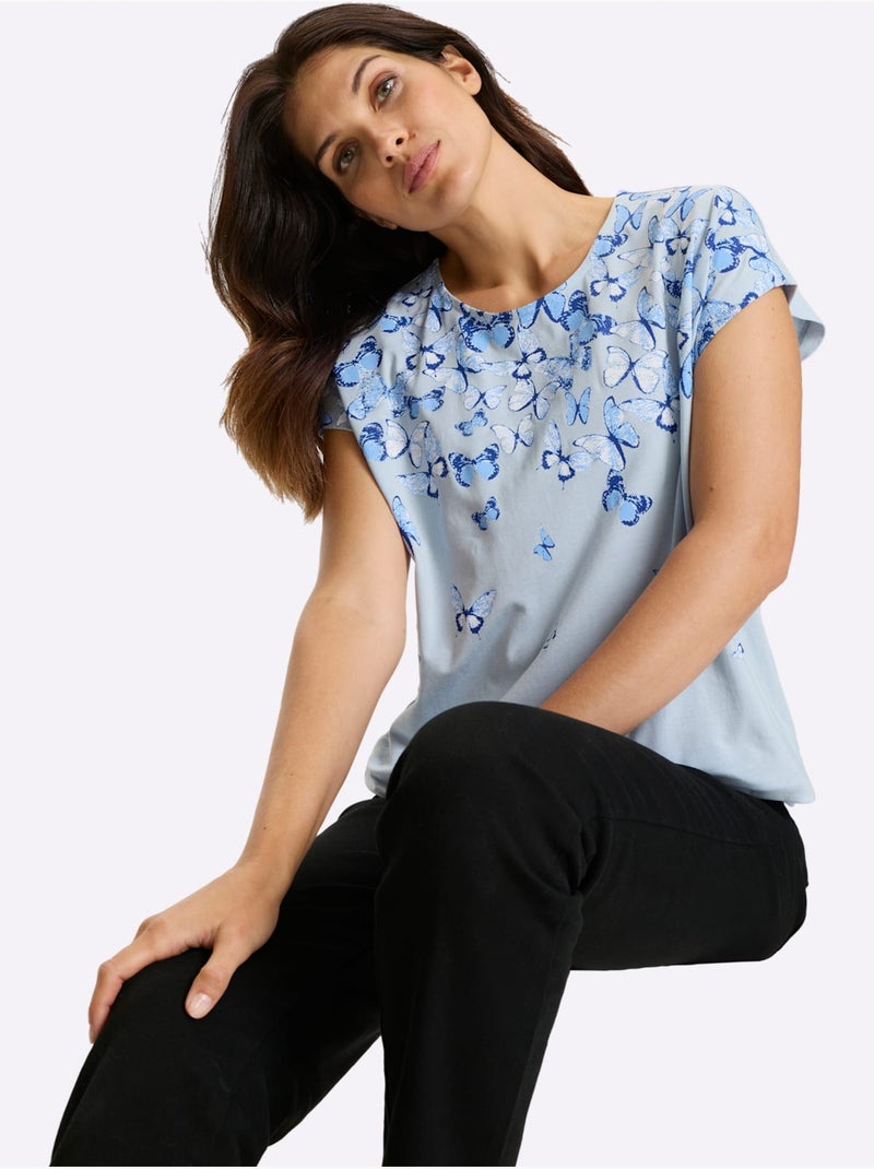T-shirt à manches courtes avec imprimé papillon et encolure ronde - Taille standard - Moda Vilona Bleu clair - Kiabi