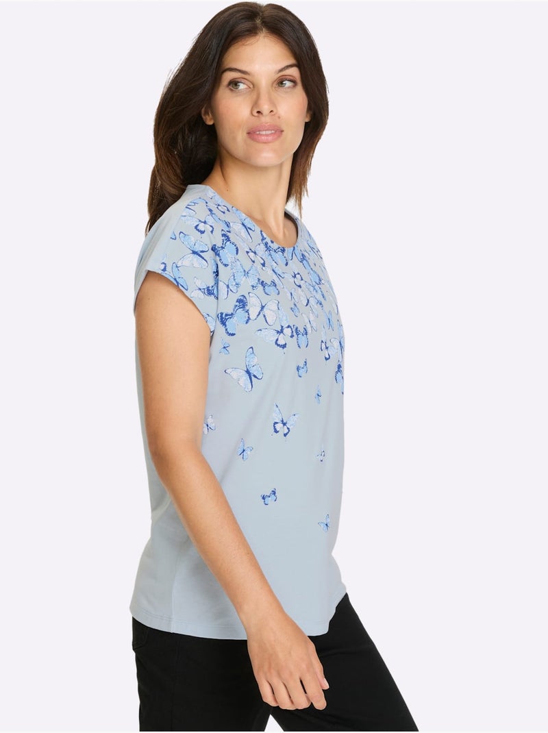 T-shirt à manches courtes avec imprimé papillon et encolure ronde - Taille standard - Moda Vilona Bleu clair - Kiabi