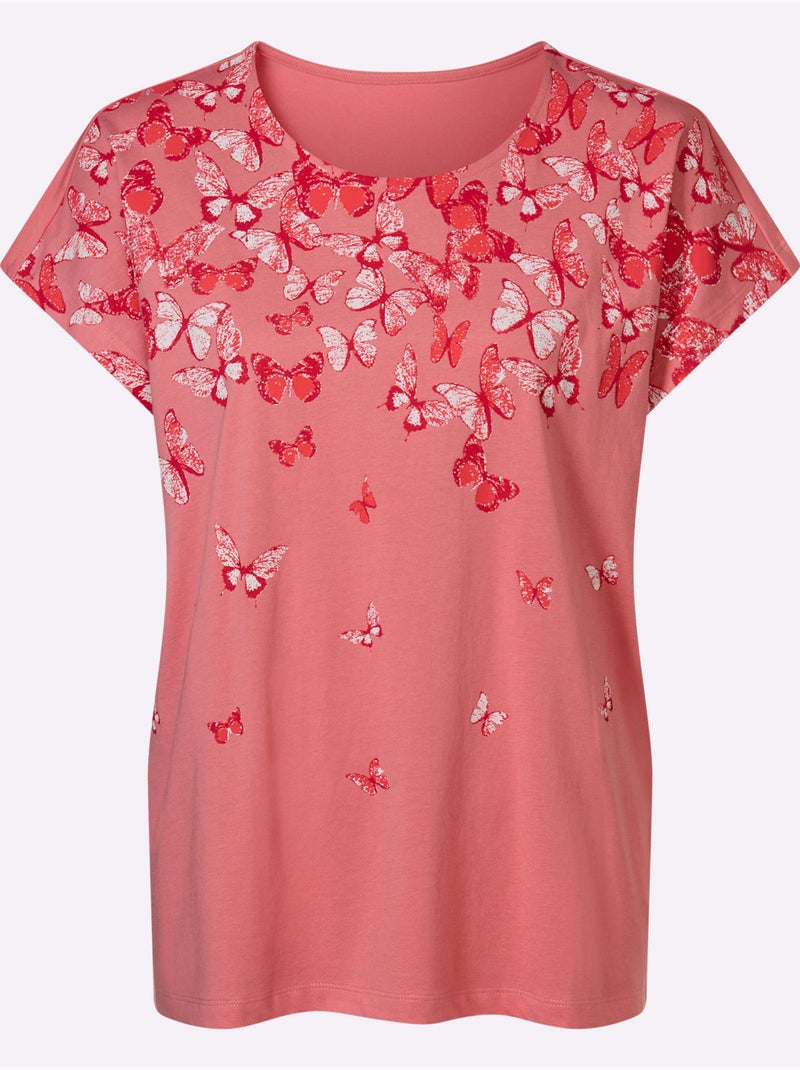 T-shirt à manches courtes avec imprimé papillon et encolure ronde - Taille standard - Moda Vilona Rouge/Rose - Kiabi