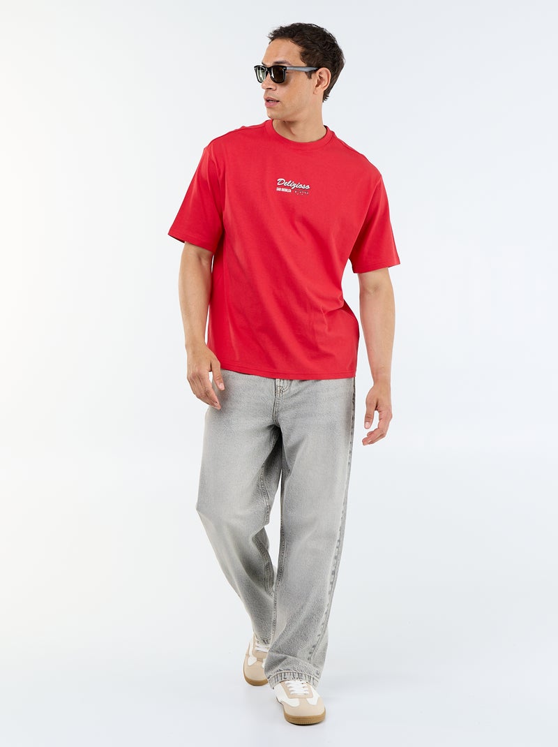 T-shirt à manches courtes avec imprimés et broderies recto/verso Rouge - Kiabi