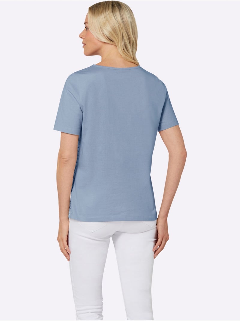 T-shirt à manches courtes avec inscription et motifs floraux - Taille standard - Moda Vilona Bleu - Kiabi