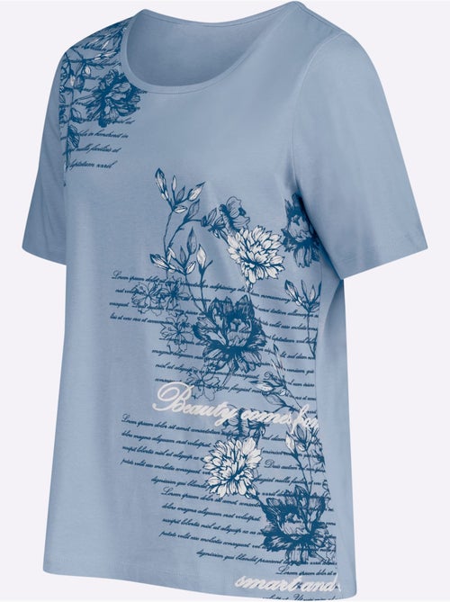 T-shirt à manches courtes avec inscription et motifs floraux - Taille standard - Moda Vilona - Kiabi