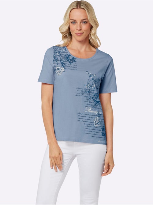 T-shirt à manches courtes avec inscription et motifs floraux - Taille standard - Moda Vilona - Kiabi
