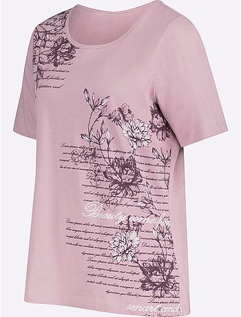 T-shirt à manches courtes avec inscriptions et motifs floraux - Taille standard - Moda Vilona