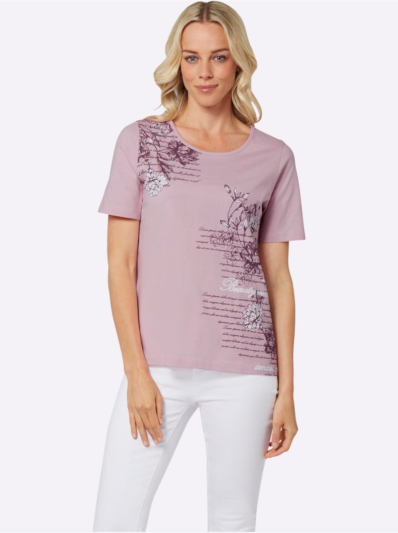 T-shirt à manches courtes avec inscription et motifs floraux - taille standard - moda vilona Rose - Kiabi