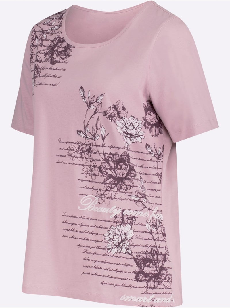 T-shirt à manches courtes avec inscription et motifs floraux - taille standard - moda vilona Rose - Kiabi